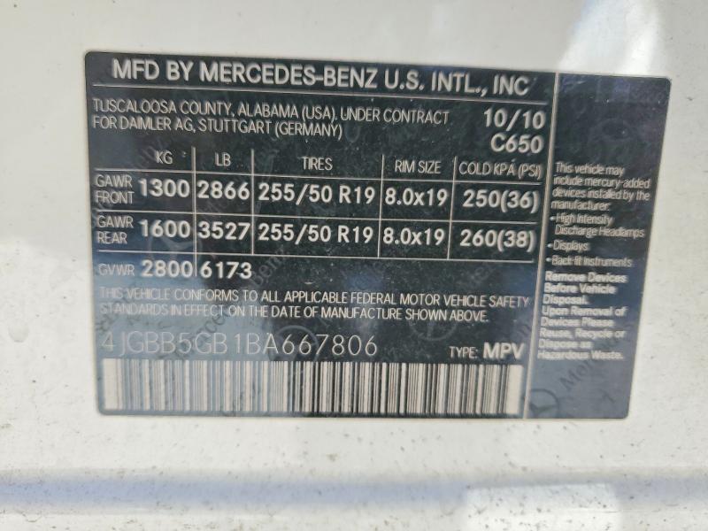 Aukcja sprzedaży 2011 Mercedes-benz Ml, vin: 4JGBB5GB1BA667806, numer aukcji: 73315005