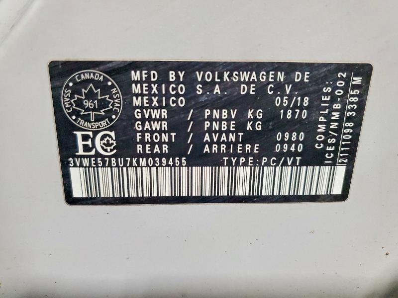 74998225 :رقم المزاد ، 3VWE57BU7KM039455 vin ، 2019 Volkswagen Jetta مزاد بيع