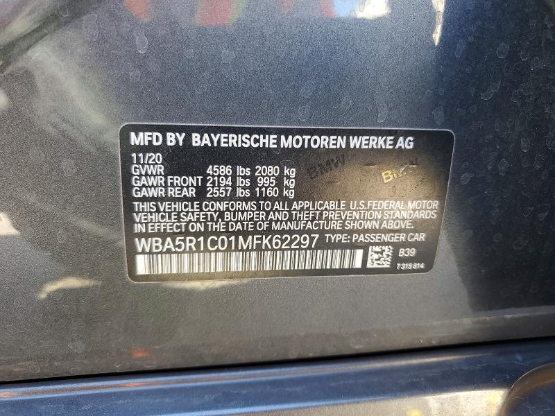 97333795 :رقم المزاد ، WBA5R1C01MFK62297 vin ، 2021 Bmw 330i مزاد بيع