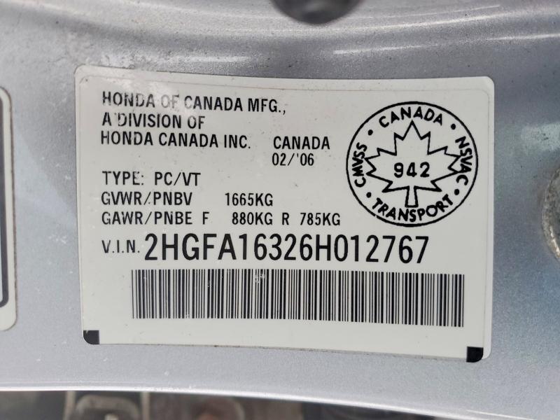Aukcja sprzedaży 2006 Honda Civic, vin: 2HGFA16326H012767, numer aukcji: 72599455