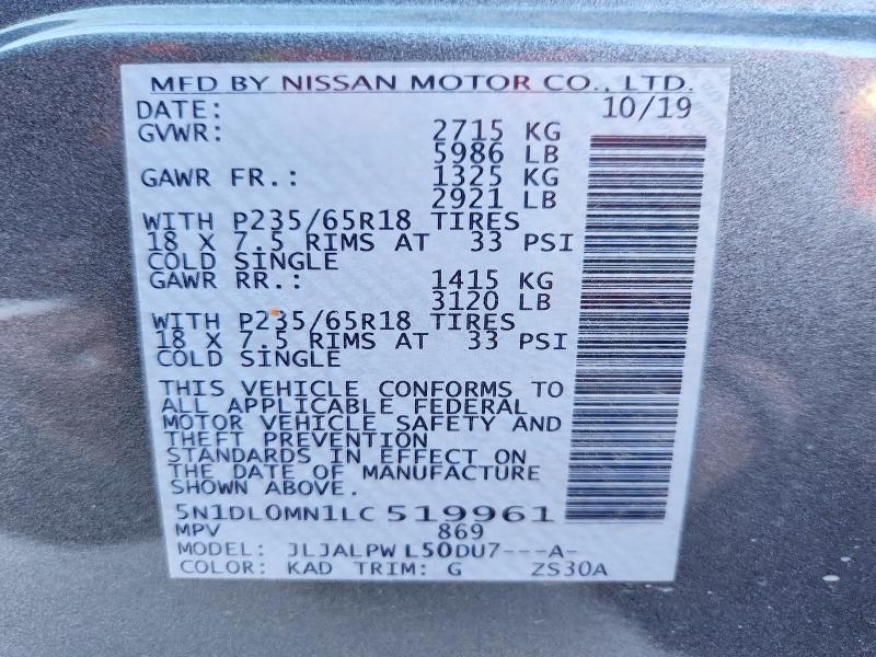 Aukcja sprzedaży 2020 Infiniti Qx60, vin: 5N1DL0MN1LC519961, numer aukcji: 73606135