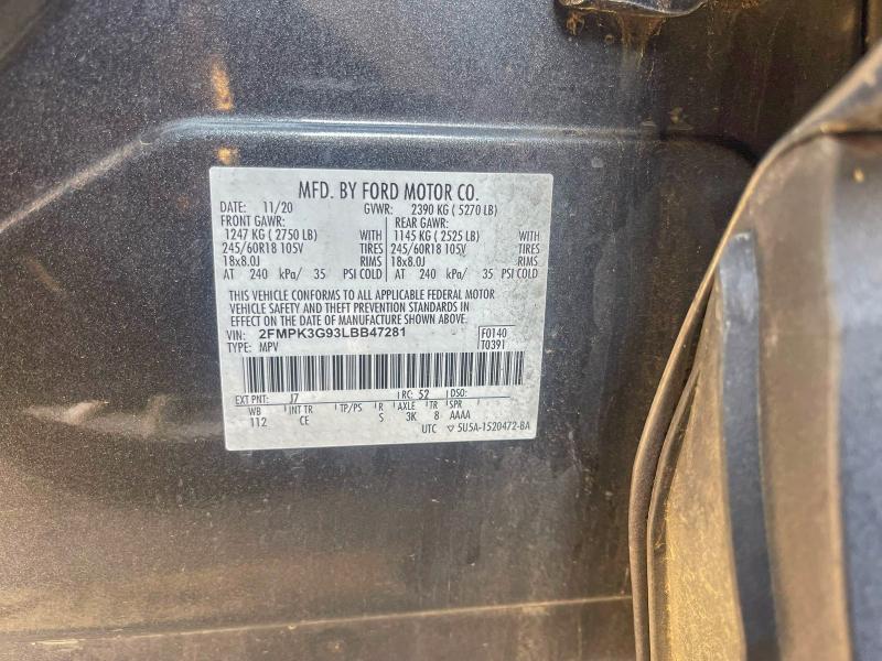 2020 Ford Edge Se მანქანა იყიდება აუქციონზე, vin: 2FMPK3G93LBB47281, აუქციონის ნომერი: 73110765