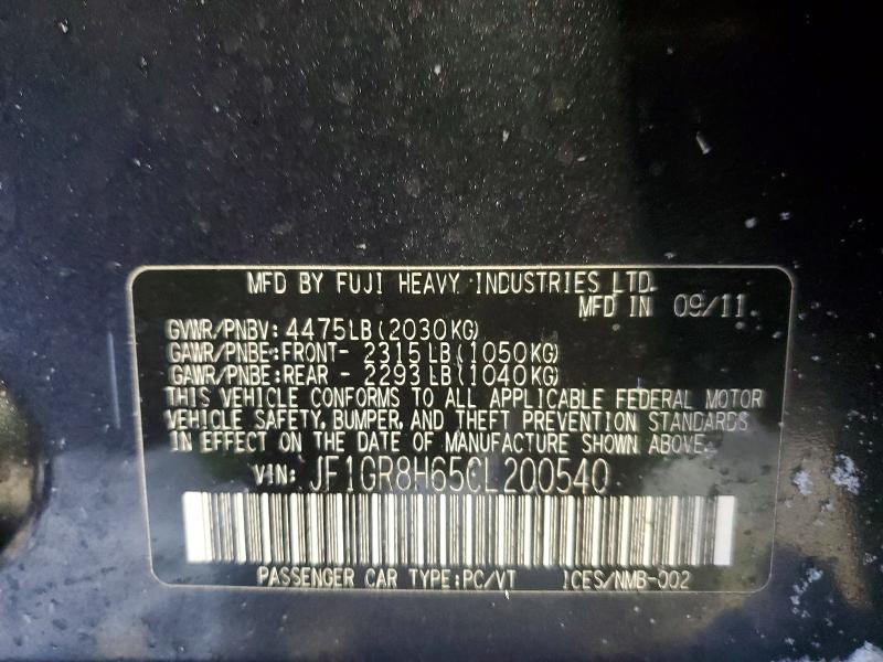 99047955 :رقم المزاد ، JF1GR8H65CL200540 vin ، 2012 Subaru Impreza مزاد بيع