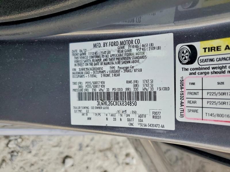 72281705 :رقم المزاد ، 3LNHL2GCXCR834850 vin ، 2012 Lincoln Mkz مزاد بيع