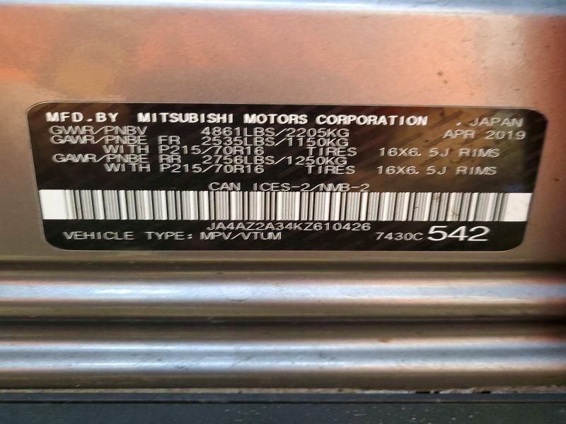 74865705 :رقم المزاد ، JA4AZ2A34KZ610426 vin ، 2019 Mitsubishi Outlander مزاد بيع