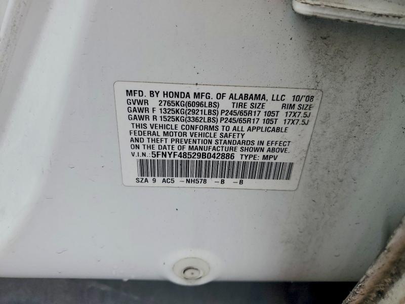 99686855 :رقم المزاد ، 5FNYF48529B042886 vin ، 2009 Honda Pilot Exl مزاد بيع