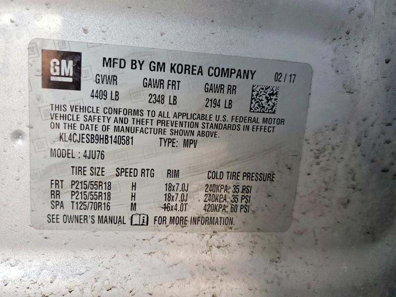 72783105 :رقم المزاد ، KL4CJESB9HB140581 vin ، 2017 Buick Encore مزاد بيع