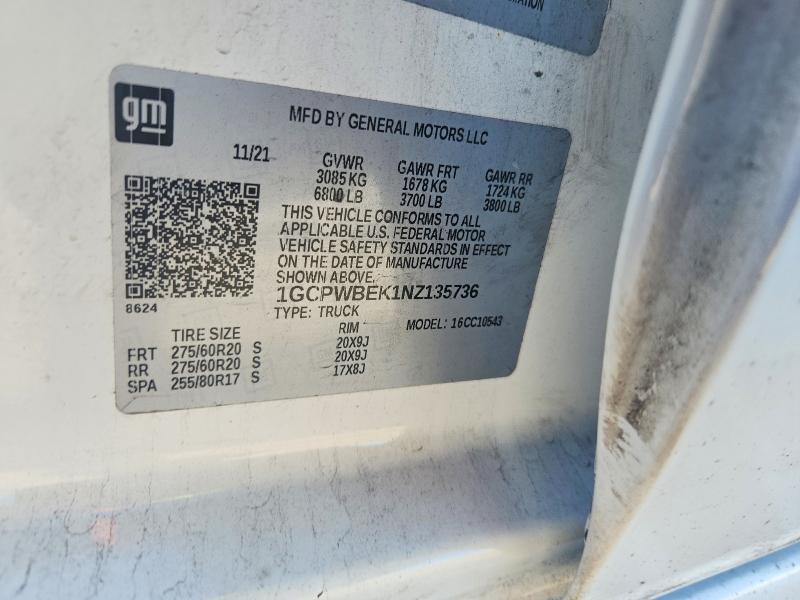 Продаж на аукціоні авто 2022 Chevrolet Silverado Ltd, vin: 1GCPWBEK1NZ135736, номер лоту: 75091315