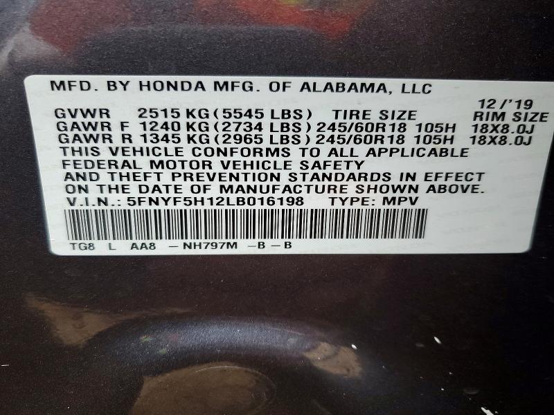 72582835 :رقم المزاد ، 5FNYF5H12LB016198 vin ، 2020 Honda Pilot مزاد بيع