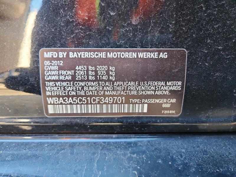 72130725 :رقم المزاد ، WBA3A5C51CF349701 vin ، 2012 Bmw 328 مزاد بيع