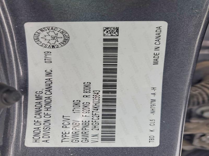 Продажа на аукционе авто 2019 Honda Civic, vin: 2HGFC2F74KH035643, номер лота: 99879055