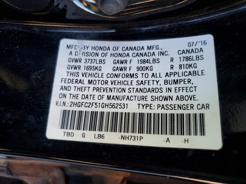 73106325 :رقم المزاد ، 2HGFC2F51GH562531 vin ، 2016 Honda Civic مزاد بيع