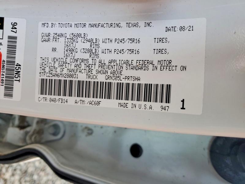 99852295 :رقم المزاد ، 5TFCZ5AN6MX280031 vin ، 2021 Toyota Tacoma مزاد بيع