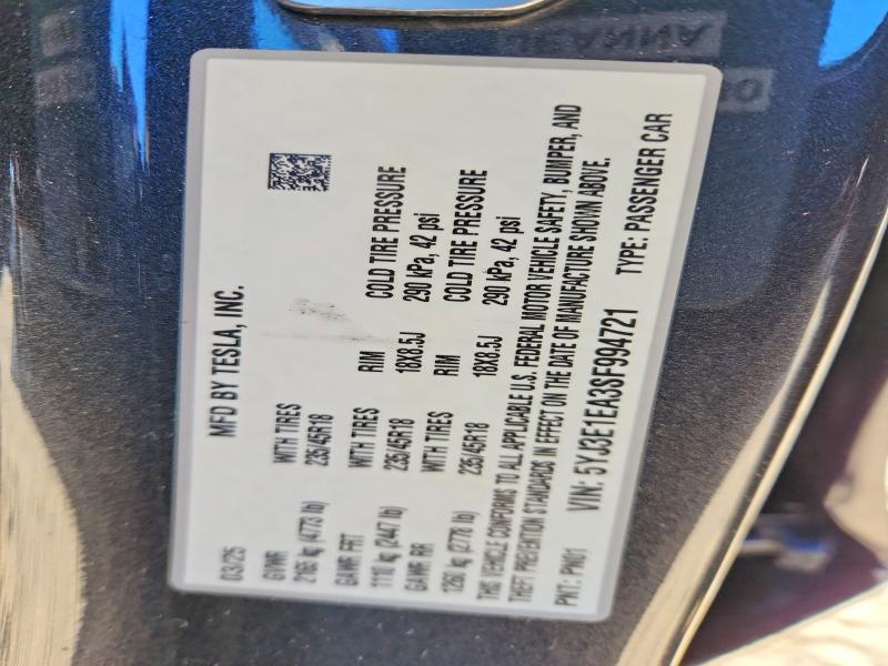 75057435 :رقم المزاد ، 5YJ3E1EA3SF994721 vin ، 2025 Tesla Model 3 مزاد بيع
