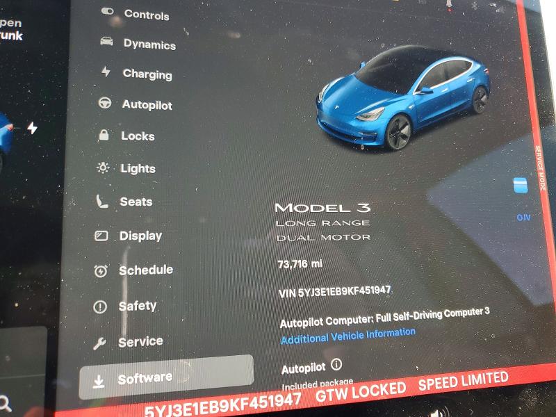73330205 :رقم المزاد ، 5YJ3E1EB9KF451947 vin ، 2019 Tesla Model 3 مزاد بيع