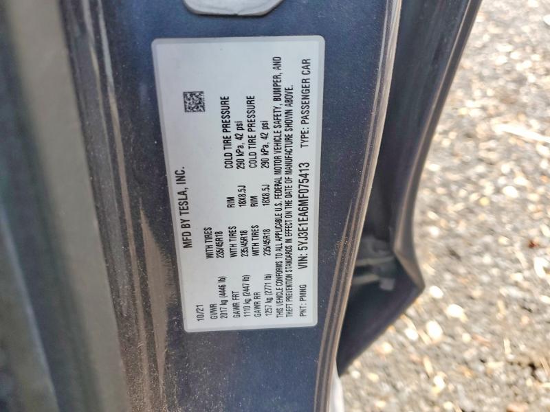 98234655 :رقم المزاد ، 5YJ3E1EA6MF075413 vin ، 2021 Tesla Model 3 مزاد بيع