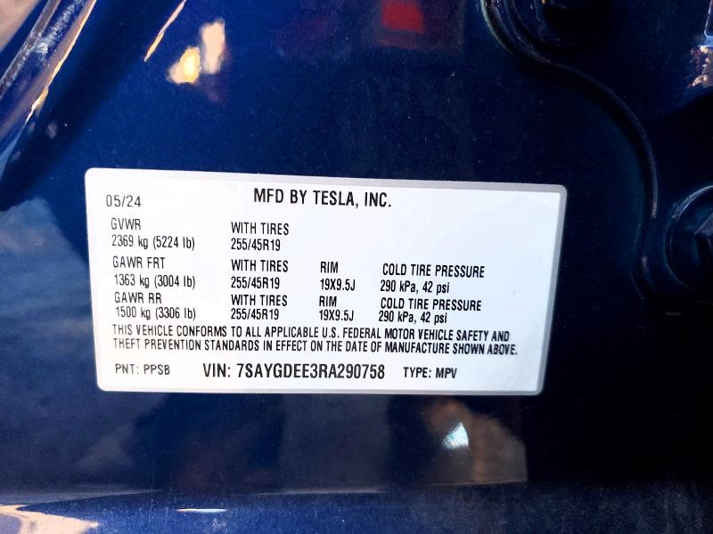2024 Tesla Model Y მანქანა იყიდება აუქციონზე, vin: 7SAYGDEE3RA290758, აუქციონის ნომერი: 73944045