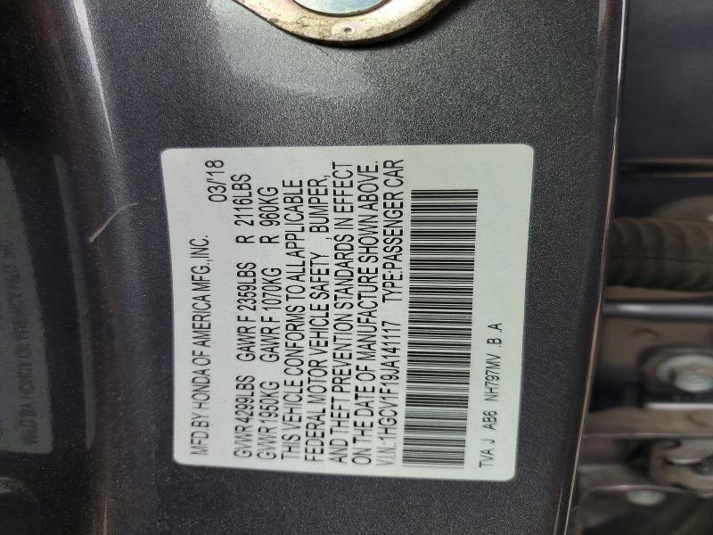 98897635 :رقم المزاد ، 1HGCV1F19JA141117 vin ، 2018 Honda Accord مزاد بيع