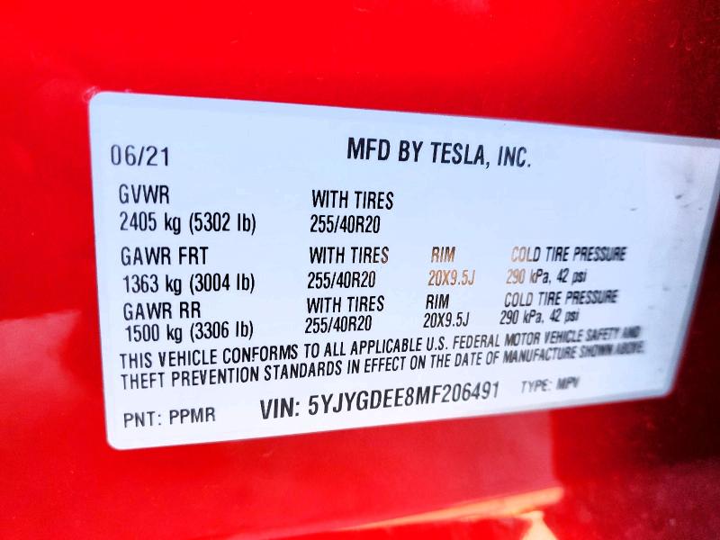 72813825 :رقم المزاد ، 5YJYGDEE8MF206491 vin ، 2021 Tesla Model Y مزاد بيع