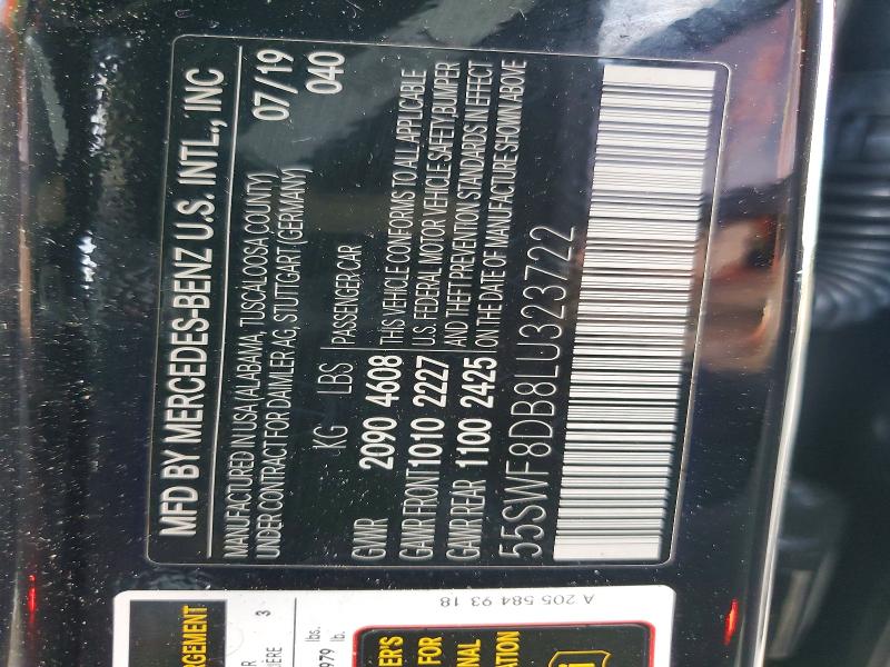 73083465 :رقم المزاد ، 55SWF8DB8LU323722 vin ، 2020 Mercedes-benz C مزاد بيع