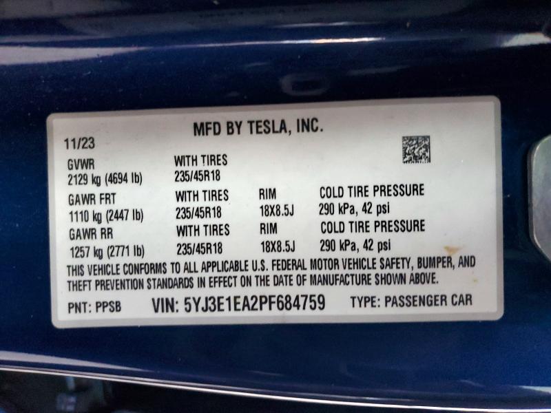 Aukcja sprzedaży 2023 Tesla Model 3, vin: 5YJ3E1EA2PF684759, numer aukcji: 98856675