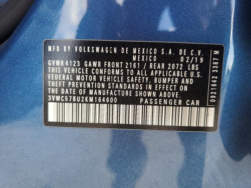 72237105 :رقم المزاد ، 3VWC57BU2KM164600 vin ، 2019 Volkswagen Jetta مزاد بيع