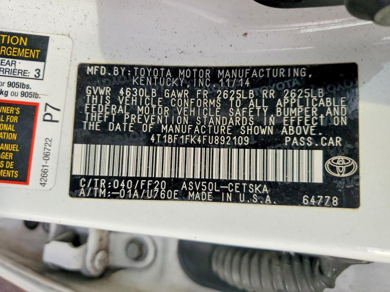 2015 Toyota Camry Le მანქანა იყიდება აუქციონზე, vin: 4T1BF1FK4FU892109, აუქციონის ნომერი: 97855055