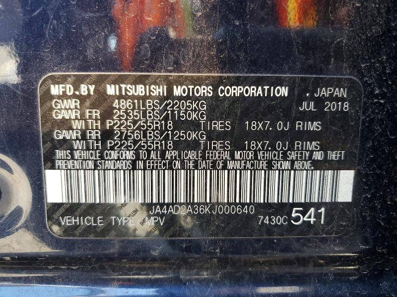 2019 Mitsubishi Outlander მანქანა იყიდება აუქციონზე, vin: JA4AD2A36KJ000640, აუქციონის ნომერი: 75354135