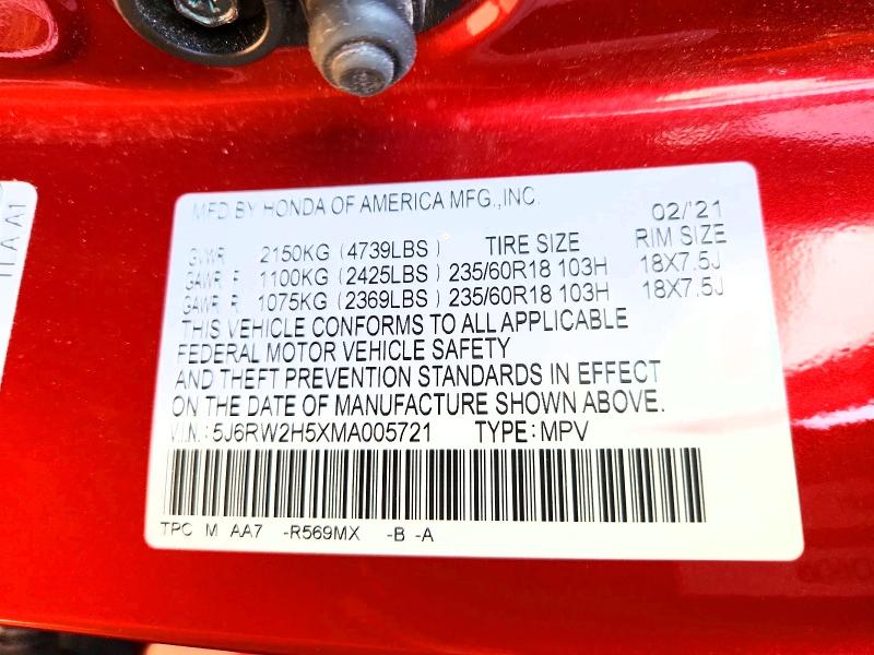 73681895 :رقم المزاد ، 5J6RW2H5XMA005721 vin ، 2021 Honda Cr-v مزاد بيع
