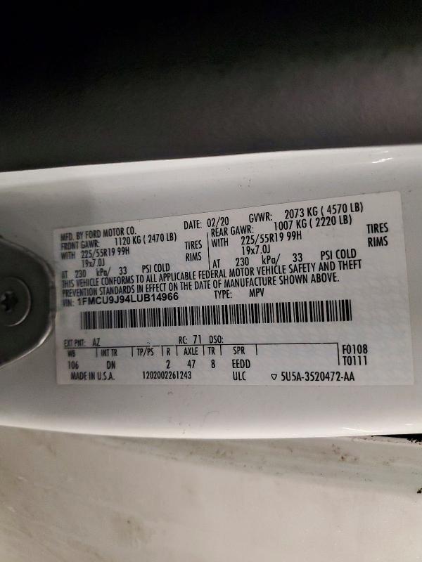2020 Ford Escape მანქანა იყიდება აუქციონზე, vin: 1FMCU9J94LUB14966, აუქციონის ნომერი: 99310465