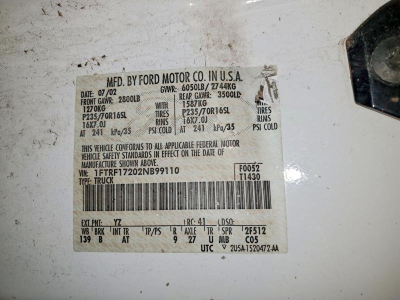 Продаж на аукціоні авто 2002 Ford F150, vin: 1FTRF17202NB99110, номер лоту: 99010655