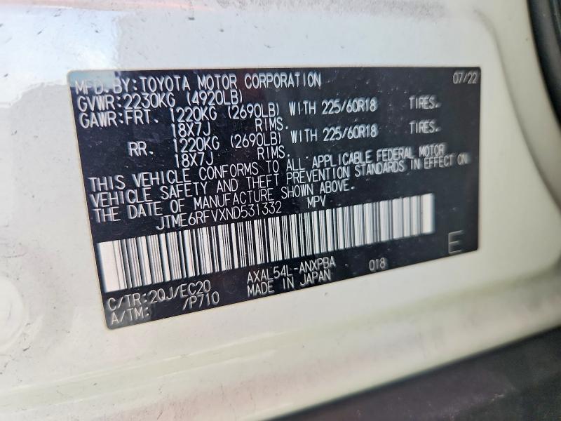 2022 Toyota Rav4 Hybrid მანქანა იყიდება აუქციონზე, vin: JTME6RFVXND531332, აუქციონის ნომერი: 99239695