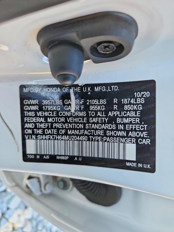 73879545 :رقم المزاد ، SHHFK7H64MU204490 vin ، 2021 Honda Civic مزاد بيع