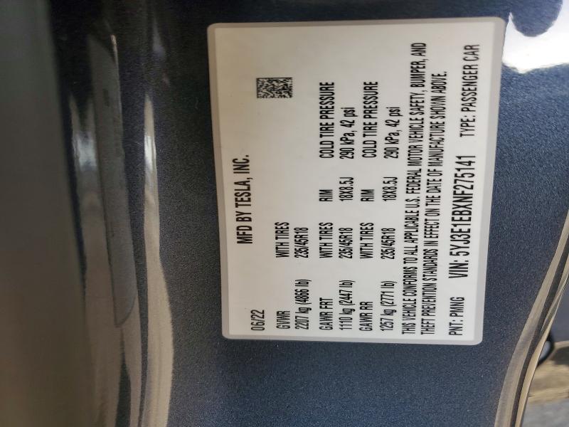 2022 Tesla Model 3 მანქანა იყიდება აუქციონზე, vin: 5YJ3E1EBXNF275141, აუქციონის ნომერი: 74127885