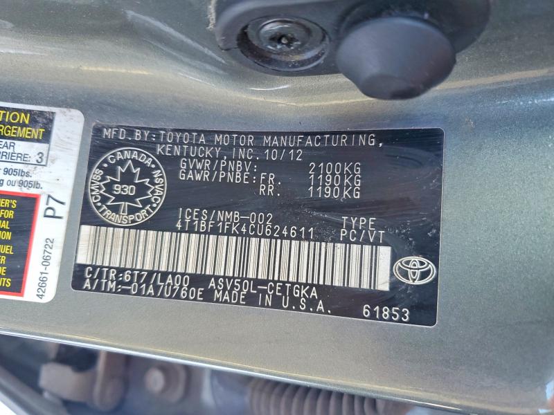 Aukcja sprzedaży 2012 Toyota Camry, vin: 4T1BF1FK4CU624611, numer aukcji: 73781825