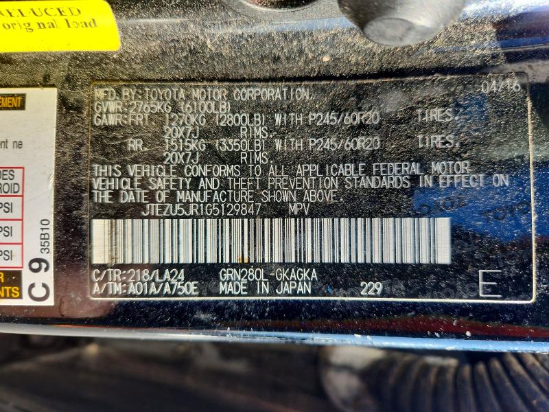 Auction sale of the 2016 Toyota 4runner, vin: JTEZU5JR1G5129847, lot number: 74639475