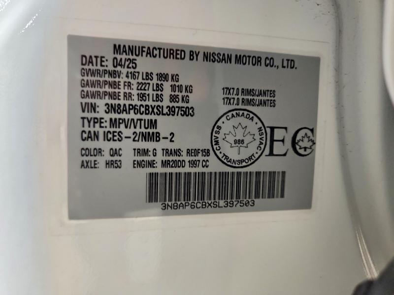 Aukcja sprzedaży 2025 Nissan Kicks Sv 4dr Awd, vin: 3N8AP6CBXSL397503, numer aukcji: 99636595
