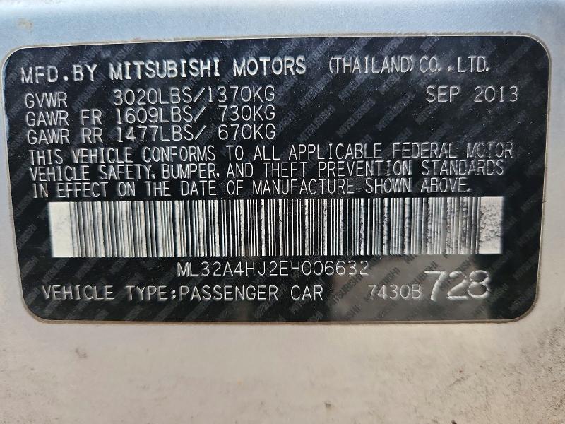74297905 :رقم المزاد ، ML32A4HJ2EH006632 vin ، 2014 Mitsubishi Mirage مزاد بيع