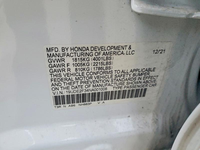 73456765 :رقم المزاد ، 19UDE2F34NA001008 vin ، 2022 Acura Ilx مزاد بيع