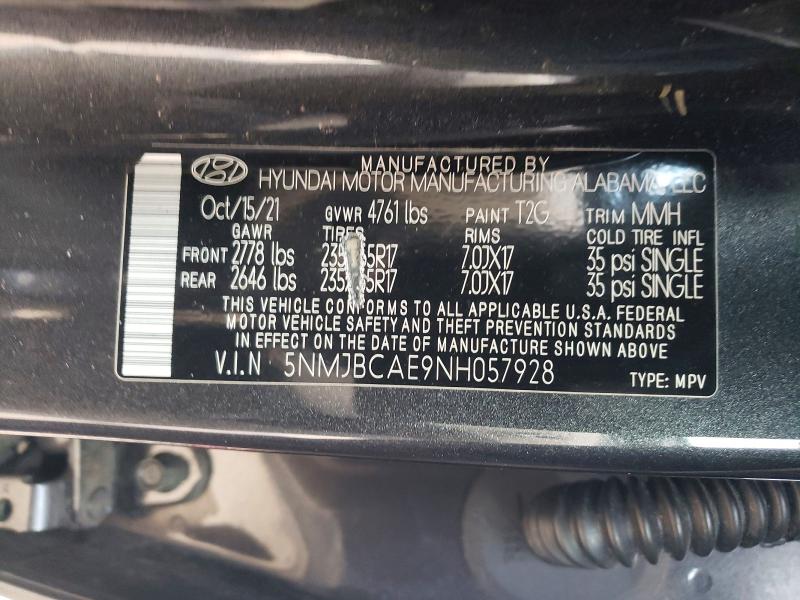 97880965 :رقم المزاد ، 5NMJBCAE9NH057928 vin ، 2022 Hyundai Tucson مزاد بيع