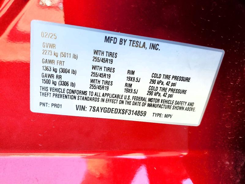 Aukcja sprzedaży 2025 Tesla Model Y, vin: 7SAYGDEDXSF314859, numer aukcji: 72257925