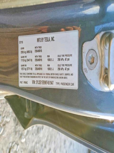 73330205 :رقم المزاد ، 5YJ3E1EB9KF451947 vin ، 2019 Tesla Model 3 مزاد بيع