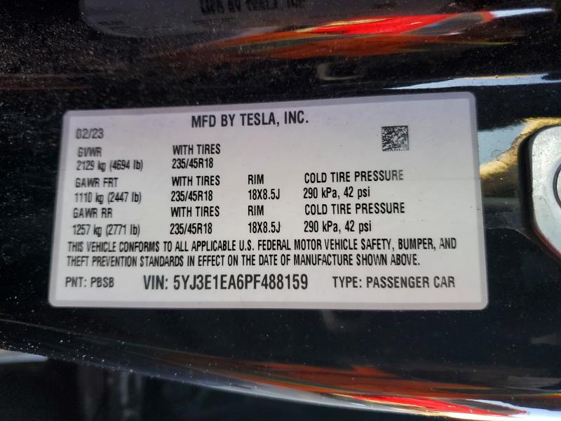 2023 Tesla Model 3 მანქანა იყიდება აუქციონზე, vin: 5YJ3E1EA6PF488159, აუქციონის ნომერი: 72179425