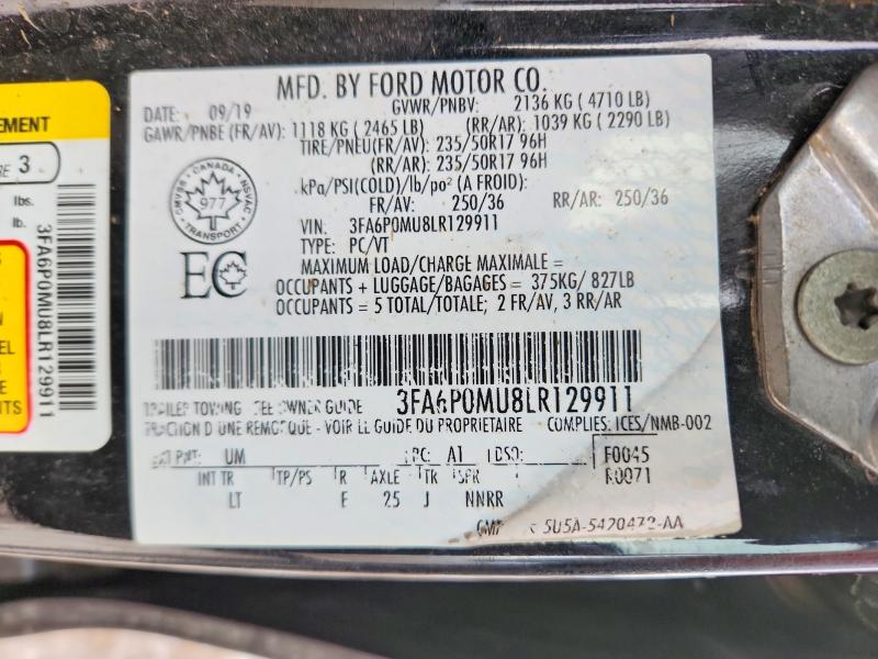Продаж на аукціоні авто 2020 Ford Fusion Sel, vin: 3FA6P0MU8LR129911, номер лоту: 74106245