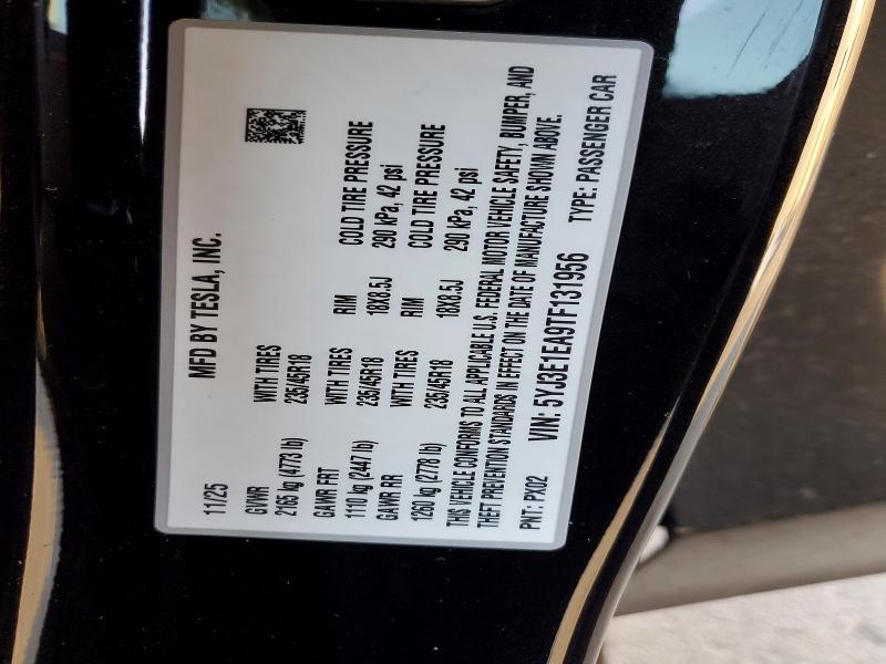 Aukcja sprzedaży 2026 Tesla Model 3, vin: 5YJ3E1EA9TF131956, numer aukcji: 73310425