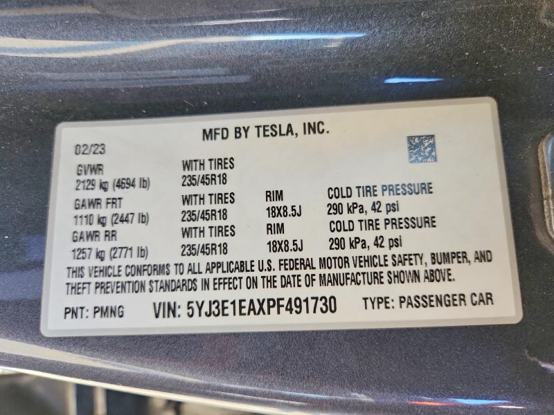 Продажа на аукционе авто 2023 Tesla Model 3, vin: 5YJ3E1EAXPF491730, номер лота: 73204735