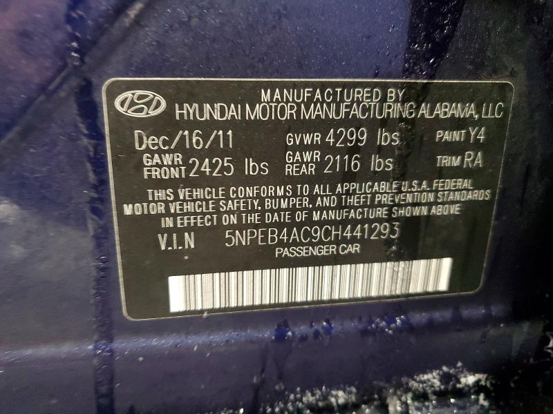 2012 Hyundai Sonata მანქანა იყიდება აუქციონზე, vin: 5NPEB4AC9CH441293, აუქციონის ნომერი: 74804445