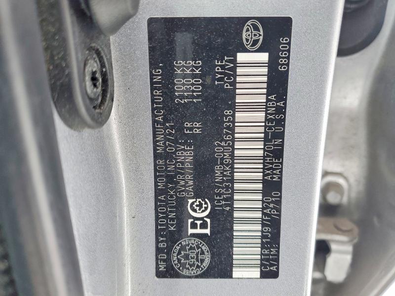 Продаж на аукціоні авто 2021 Toyota Camry, vin: 4T1C31AK9MU567358, номер лоту: 75221005