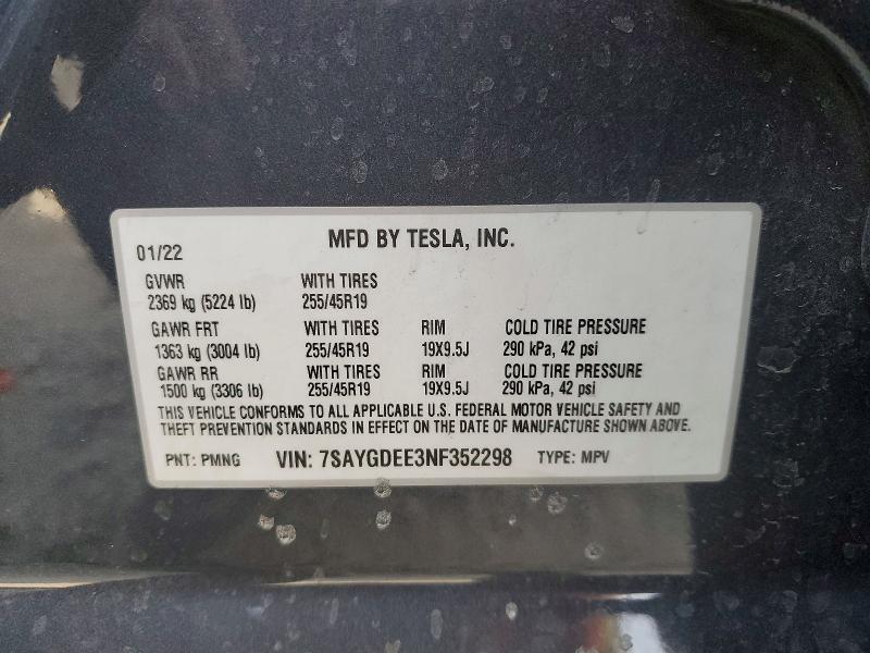Aukcja sprzedaży 2022 Tesla Model Y, vin: 7SAYGDEE3NF352298, numer aukcji: 75013095