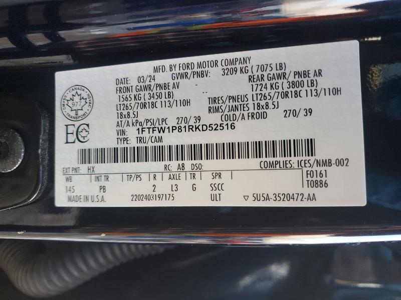 Продаж на аукціоні авто 2024 Ford F 150, vin: 1FTFW1P81RKD52516, номер лоту: 98093435